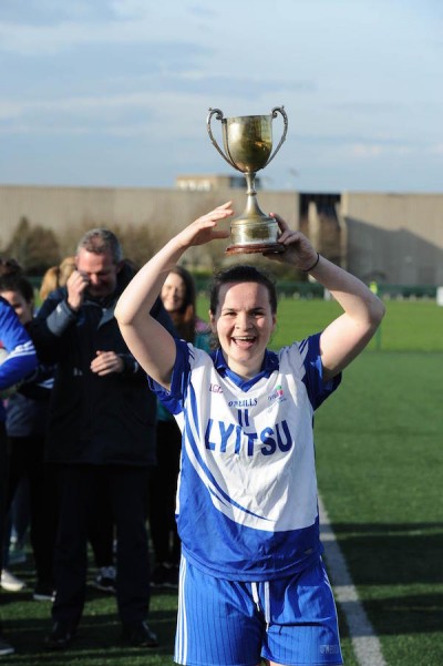 Team captain Geraldine McLaughlin from Letterkenny IT pictured with the Donaghey Cup after defeating Blanchardstown IT in Dublin on Tuesday, Geraldine was awarded player of the match  also having scored 4 goals and 12 points in the game. (photo Paddy Gallagher)