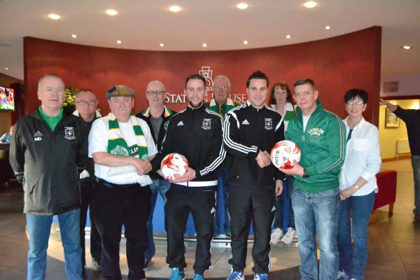 Christy Connaghan and Mark Forker receiving sponsorship of the match ball for Sunday FAI Cup game v Portmarnock from the Letterkenny Celtic No.1 supporters club.