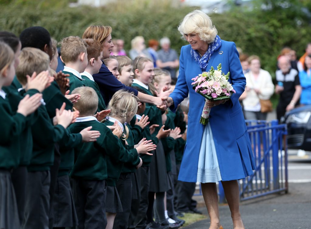 25/05/2016 NO REPRO FEE, MAXWELLS DUBLIN, IRELAND Visit to Ireland by The Prince of Wales and the Duchess of Cornwall. Donegal, Ireland. Pic shows the Duchess of Cornwall meeting kids outside Ballyraine National School. PIC: NO FEE, MAXWELLPHOTOGRAPHY.IE