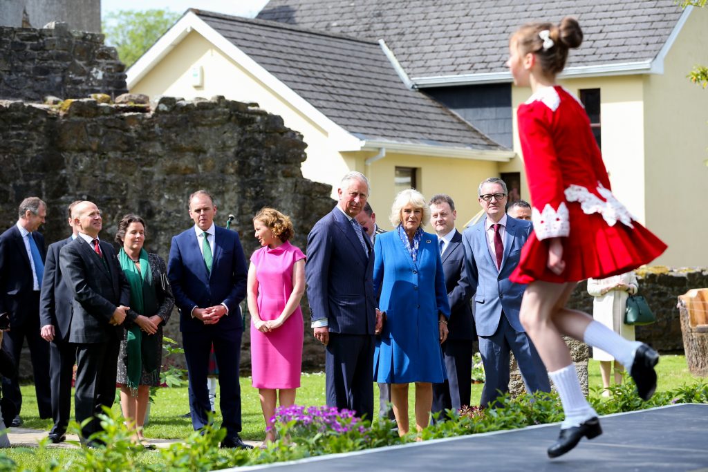 25/05/2016 NO REPRO FEE, MAXWELLS DUBLIN, IRELAND Visit to Ireland by The Prince of Wales and the Duchess of Cornwall. Donegal, Ireland. Pic Shows: HRH The Prince of Wales and the Duchess of Cornwall watching an Irish dancer at Donegal Castle. PIC: NO FEE, MAXWELLPHOTOGRAPHY.IE