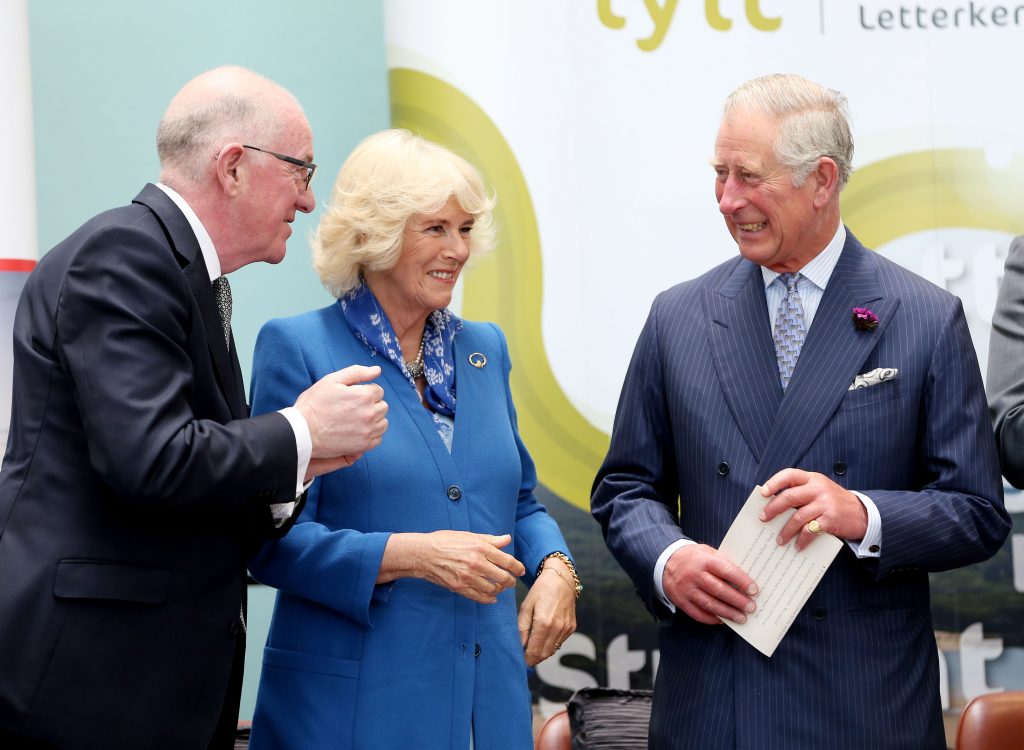 25/05/2016 NO REPRO FEE, MAXWELLS DUBLIN, IRELAND Visit to Ireland by The Prince of Wales and the Duchess of Cornwall. Donegal, Ireland. Pic shows Mr. Charles Flanagan, T.D.Minister for Foreign Affairs and Trade, the Duchess of Cornwall and HRH The Prince of Wales at Letterkenny Institute of Technology in An Dánlann Sports Centre PIC: NO FEE, MAXWELLPHOTOGRAPHY.IE