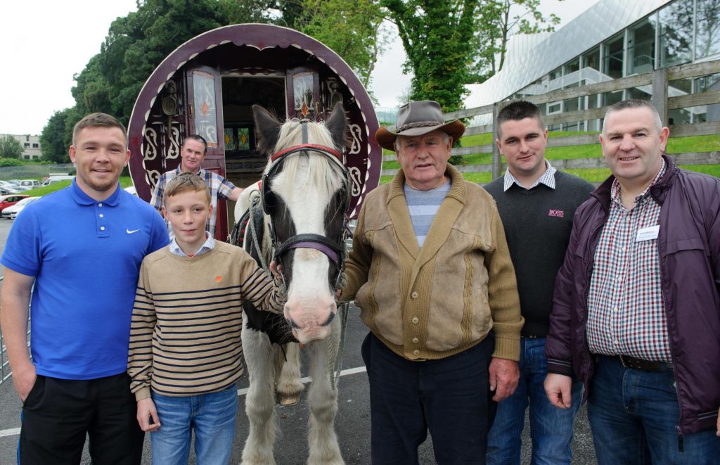 Mark McDonagh, Joe McGinley, Bernie McDonagh, Alex McGinley and Patrick McGinley and Patrick McGinley with Bob and a barrel wagon Donegal Traveller Project 20th Anniversary event in the Regional Cultural Centre. Photo Clive Wasson