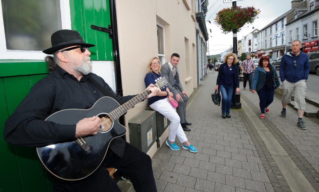 Peter Breen from Letterkenny taking part in the Letterkenny Chamber Shop LK busking Competition in Letterkenny on Saturday last.  Photo Clive Wasson