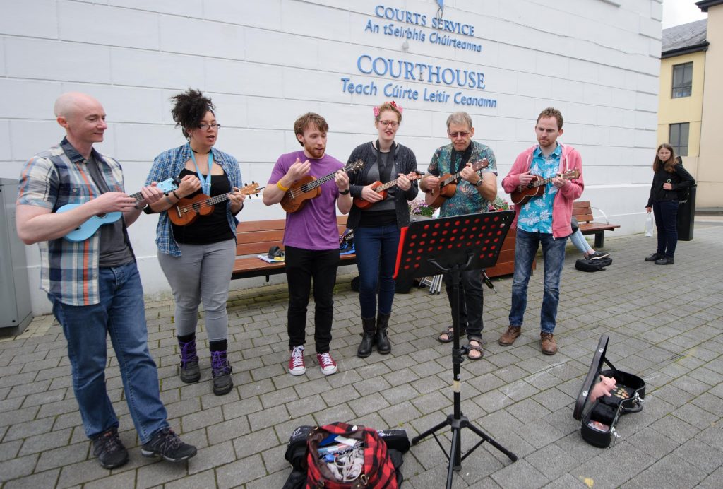 Anthony Cauldwell, Finn Blache, Ineke Abbas, Donal Kavanagh, Kieran Devlin and Conor Sweeney taking part in the Letterkenny Chamber Shop LK busking Competition in Letterkenny on Saturday last.  Photo Clive Wasson