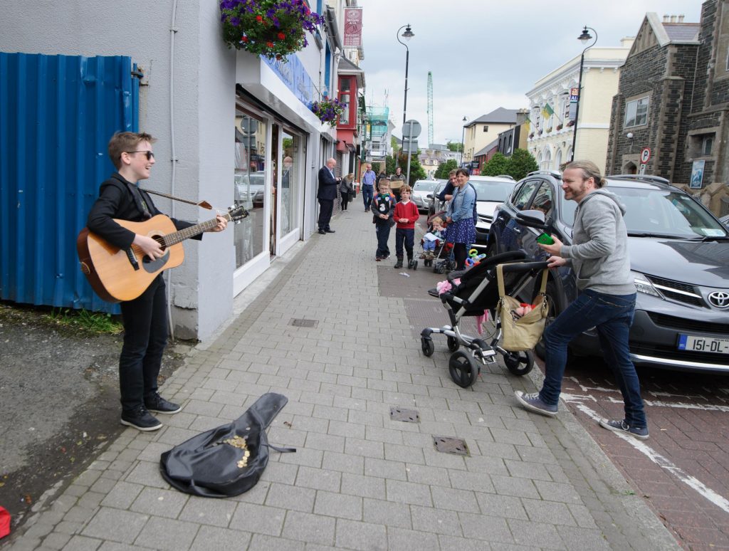 Tadgh Brennan from Ramelton taking part in the Letterkenny Chamber Shop LK busking Competition in Letterkenny on Saturday last.  Photo Clive Wasson