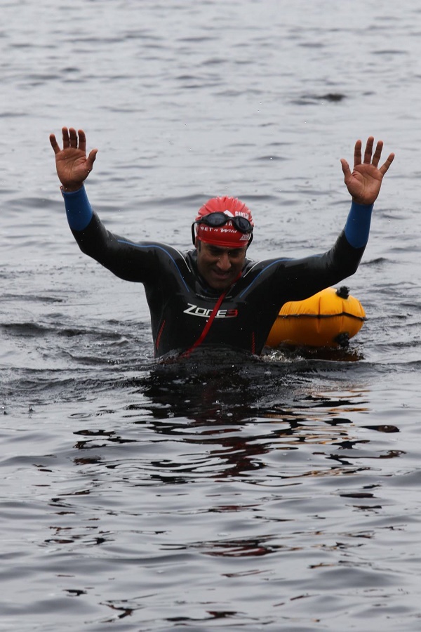 Raj mehan finishing 750 metre swim in Gartan