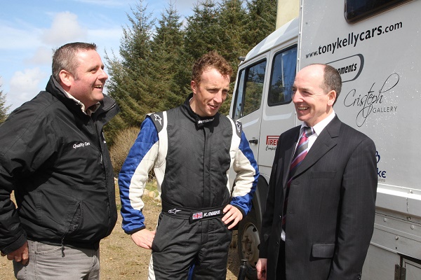 World Rally winner Kris Meeke pictured about ten years ago in Donegal with Ciaran Larkin and Tony Kelly pictured as he helped set up Toni Kelly Honda for a forthcoming Rally. Photo Brian McDaid