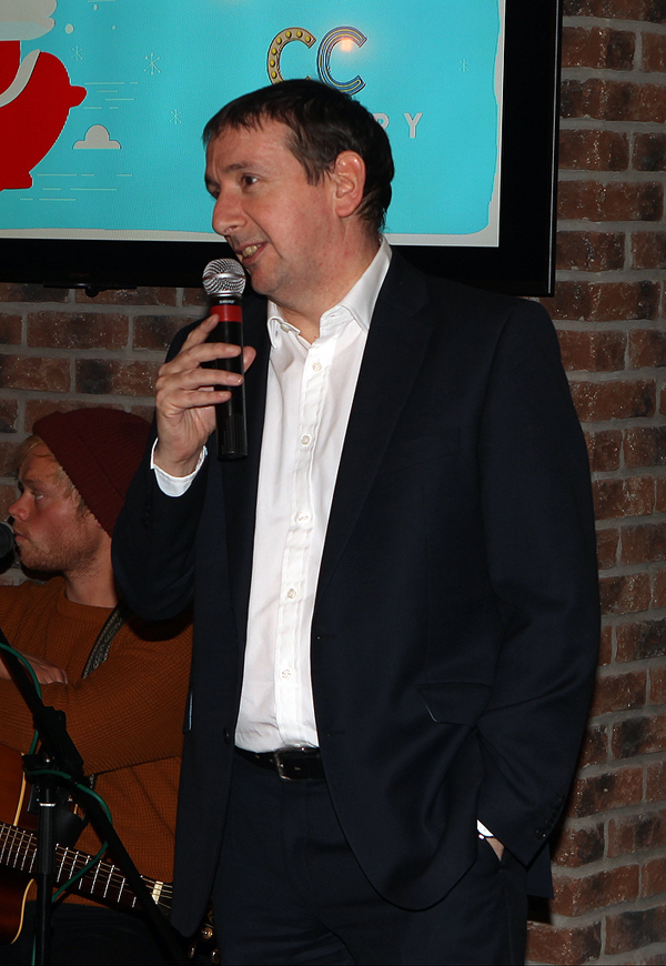 Mark Doherty thanks the guest for joining in his celebration at the opening of Backstage on Monday night in Letterkenny.