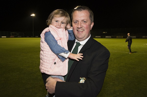 Niall Callaghan and daughter Connie at the official turning on of the floodlights at Dry Arch Park on Friday evening. Photo Evan Logan