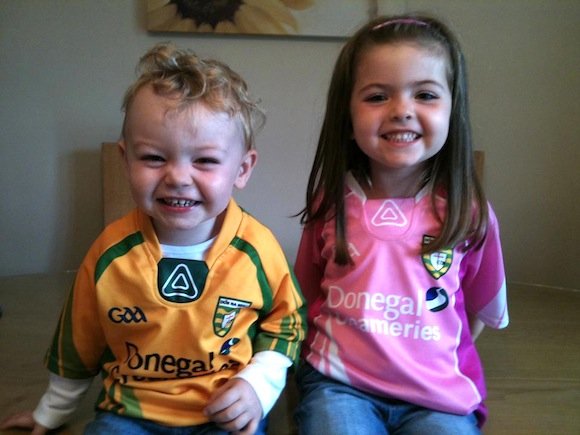 KEEPING 'ER DONEGAL: DANIEL GILLEN, 20 MONTHS, AND BIG SISTER ELLEN, 3, IN COOKSTOWN, CO TYRONE. MUM CATHRIONA FROM TRENTAGH IS MAKING SURE THEY KNOW WHICH COUNTY TO SUPPORT!