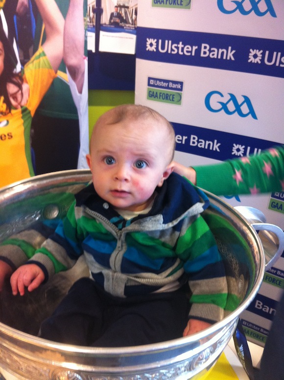 6 month old Shay Kearney from buncrana with Sam Maguire in ulster bank, buncrana.
