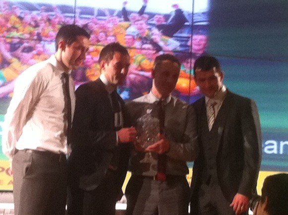 Rory Kavanagh, Karl Lacey and Frank McGlynn accept the team award on behalf of the Donegal GAA team