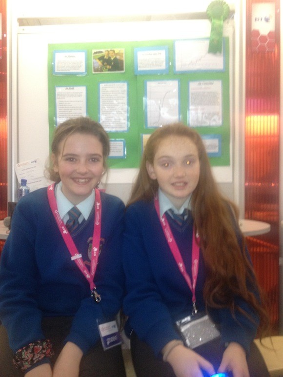 Colaiste Ailigh students Aoibhinn Murray and Shannon Mc Laughlin with their highly commended award. Their project title was 'Ag tomhais taisleach ithir le leictreas'