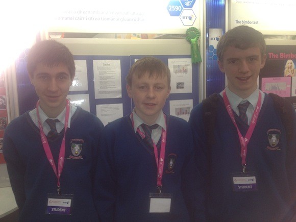 Colaiste Ailigh students Odhran Mac Fhionnghae, Padraig O Riain and Caoimhin Mac Lochlainn who were award winners at BT Young Scientist Exhibition. Their project looked at drivers attitude towards motorcyclists