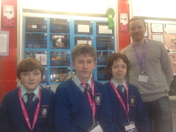 Colaiste Ailigh students Eoghan O Brollachain, Ultan Farrell and Conor O Luadhog and their teacher Shane O Breacan with their highly commended award. Their project isolated and tested different pigments for the best electrical output on a Ti20 dye-sensitised solar cell.