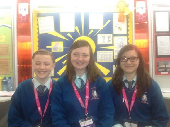 This photo shows Aoife Nic Uait, Danielle Ni Chonghaile and Aoife Ni Chonchar with their display award. Their project investigated whether certain surfaces should be avoided at certain times of day to minimise the exposure to UVA rays.