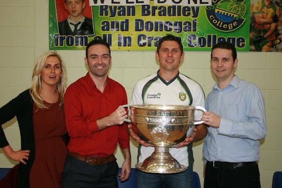 Avid followers of GAA football Sue McSheffrey Philip McGuinness and Sean McFadden teachers in Crana College with Past Pupil Ryan Bradley