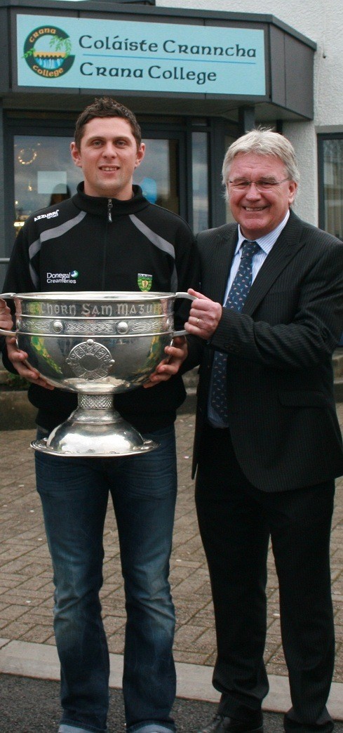 Liam Galbraith Principal of Crana College welcomes All Ireland winning player and past pupil Ryan Bradley to the school on Thursday