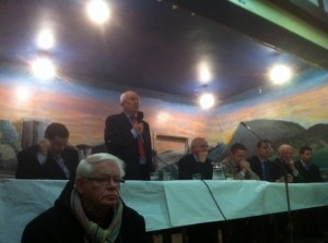 Pat The Cope addresses the large crowd in Creeslough last night