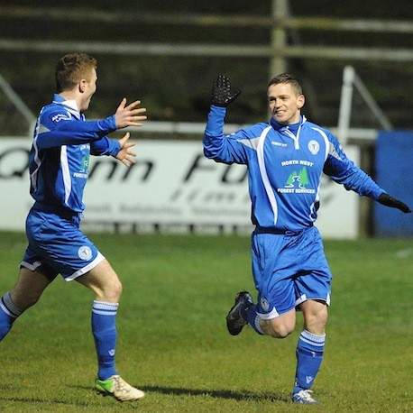 Kevin McHugh celebrates his goal with Sean McCarron - Picture by Gerard McHugh.