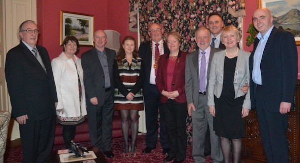 Photo includes, Colm Toland, Chair Donegal C and C branch TUI, Mrs Isobel Gallagher, Dom Gallagher, Ms Annette Dolan, Deputy General Secretary TUI, Mr Gerry Craughwell, President TUI, , Mrs Rene Mulhern, Harry Reid, David Mulhern, Mrs Brenda Reid, Councillor John Campbell.
