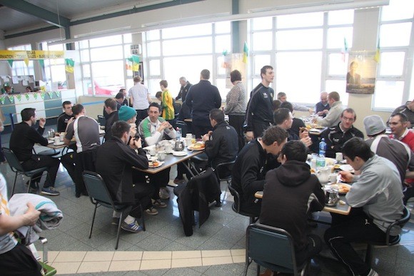 The team tuck into a good breakfast before their flight from Carrickfin.