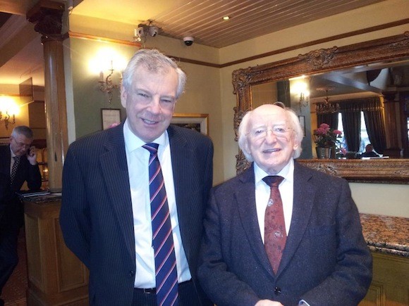The owner of Jackson's Hotel Barry Jackson welcomes President Michael D Higgins to the Ballybofey hotel 