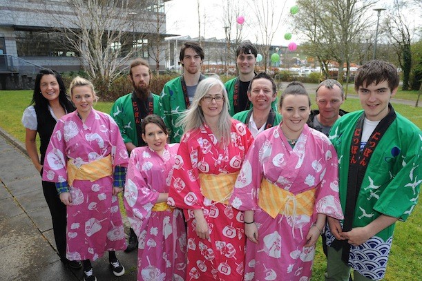 Pictured at the Hanami event, a Japanese themed day, in Letterkenny Institute of Technology are Fiona Kelly, SU Administrator and event organiser, Denise Doherty, Roseann McGinley, Eleanor McKeever, Riadh Egan, at the back are Jason McClean, Adrian Murrin, Mark Sweeney, John McClean, Jack Pearson.  The programme of events included a tree planting ceremony, A Japanese Tea Ceremony, Cultural talks from the Japanese/Irish guests, Orogami and a series of fun events such as Karaoke and Sumo Wrestling within the safe confines of an inflatable platform.