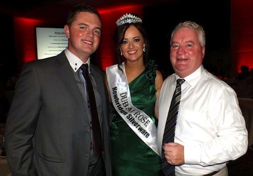 Caroline Callaghan, Murrin Fanad who was selected as the Dubai Rose of Tralee on Frday night. She is pictured in the Jumeirah Creekside Hotel in Dubai with her boyfriend, Barry McGettigan and his dad, Eugene. 