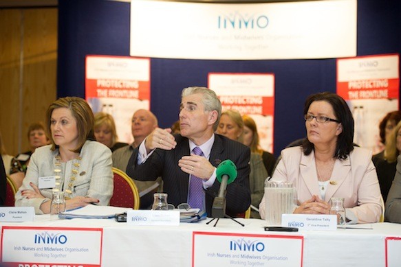 Claire Mahon, President, Liam Doran General Secretary and Geraldine Talty, 1st Vice President at the opening of the Irish Nurses and Midwives Organisation (INMO) Conference in Letterkenny.   Pic: Clive Wasson
