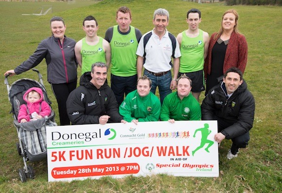 Pictured for the launch of the Donegal Creameries 5k Fun Run in aid of Special Olympics are: Front (L-R) Isabella Carbury (baby), Jim McGuinness, Hugh Sweeney, Eamon Sweeney and Rory Kavanagh Back (L-R) Colette Carbury, Conor Gallagher, Lee Gildea, Seamus Campbell, Special Olympics, Gerard Gallagher and Deirdre Browne, Donegal Creameries