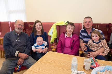 James Robb, Sabrina Keatley, James McGlynn, Bridie McGlynn, Michael Houston and Lauren Houston at the Charlie Mor McMenamin and Paddy Ward Tractor Run for Clogan and Finntown Day centers on Sunday last.  Photo:- Clive Wasson