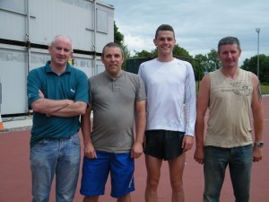 Irish international athlete David McCarthy pictured with Lifford AC club members at the clubs new Olympic standard track last week.