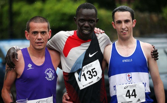 The first three men home in the Lifford 5k Road Race on Friday evening were l./r.: Keith Shiels of Foyle Valley2nd, Freddie Keron Sittak of Kenya1st and Gerard Gallagher of Finn Valley 3rd PIC GARY FOY