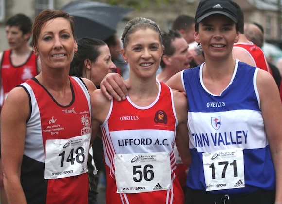 The first three women finishers at the Lifford 5k Road Race were l./r.: Jackie Mc Ginley of Spartans 2nd, Natasha Adams of Lifford AC 1st and Catherine Doohan of Finn Valley 3rd Pic GARY FOY