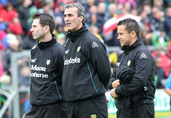 Donegal team manager Jim Mc Guinness with his assistants Rory Gallagher and Maxi Curran oversee the warm-up prior to their Ulster Senior Football Championship semi-final victory over Down at Breffni Park