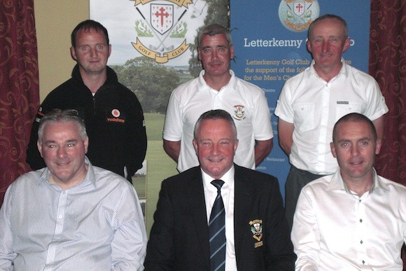 JJ Reid Motors Open prizewinners: standing, l-r; Derek Whyte, Gerard Dunleavy and Eamonn Mc Glinchey pictured with JJ Reid representatives and club captain.