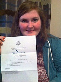 Shauna with her secret invitation to see Riverdance with First Lady Michelle Obama.