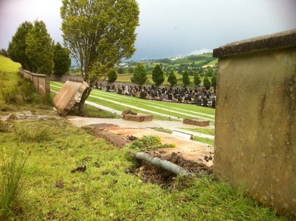 The wall at Conwal Graveyard which collapsed allowing water to flood the graveyard and destroy graves. Pic copyright Donegal Daily.