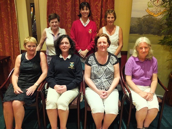  Lady Captain Sandra McMonagle with Magees Chemist winners. Mary Murray (winner), Nuala McGarrigle (2nd), Marian O'Sullivan (gross). Also in photo are Bridget McClaffety and Eileen Daly, prize winners in previous week's 13 hole competition.