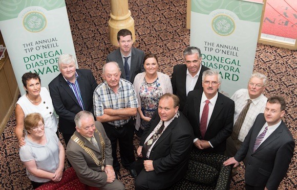 At the launch of the second Tip O’Neill Irish Diaspora Award this week in the Inishowen Gateway Hotel, Buncrana. The award and related events are being coordinated by Buncrana Town Council and Donegal County Council to honour one of Donegal’s most famous descendants, Tip O’Neill, both for his outstanding achievements in American political life and especially for his invaluable commitment to the search for a lasting peace on the island of ireland at the launch are Josephine Friel, Caitlín Uí Chochláin, Comhordaitheoir Gaeilge, An Rannóg Pobal agus Fiontar, Comhairle Chontae Dhún na nGall, Peter McLaughlin, Buncrana Mayor, Cllr. Nicolas Crossan, Mickie Friel, Cousin Brian Schweitzer this years recipent, Seamus Canning, Donegal County Council, Sarah Meehan, Donegal County Council, Michael McBride, Donegal Deputy Mayor, Cllr. James Gill, John McLaughlin, Buncrana Town Manager, Leonard Roarty and Seamus Neely, County Manager. Photo Clive Wasson