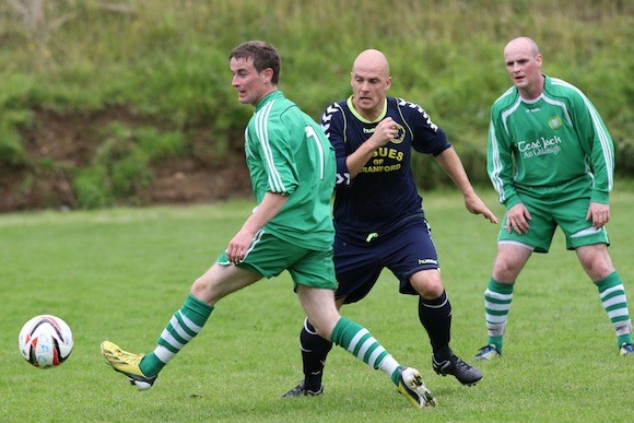 Cranford United's Arthur Lynch and Gweedore United's Matthew Byrne in action during their Brian Mc Cormick Cup encounter at Cranford Park. Pic.: Gary Foy, League PRO