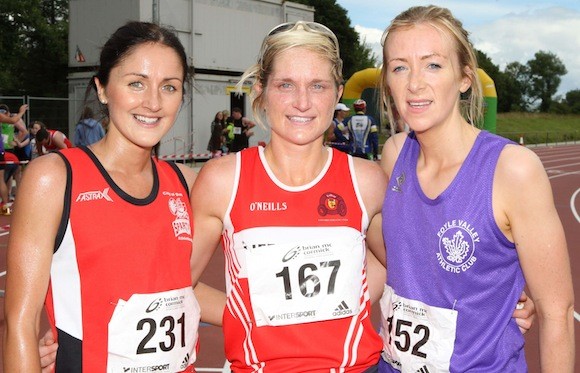 The first three women across the finish line in the Riverine 10K road race were Catherine Whoriskey 2nd, Ann-Marie Mc Glynn 1st and Denise Mc Elhone 3rd. Pic.: Gary Foy