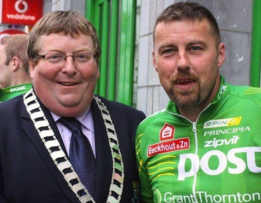 Pictured below is Liam O'Grady, An Post and Tadgh Culbert, the then Mayor of Letterkenny welcoming An Post's Charity Cycle back to Letterkenny on their 1st Annual Cycle back to Letterkenny on their 1st annual cycle.  