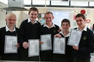 Crana College boys Luke Timlin, Declan McGee, Craig Doherty, Jordan Arbuckle, and Craig Shaw just after opening their Junior Cert results envelopes