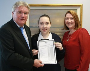 Alison Duffy, her mother Louise and principal Liam Galbraith 