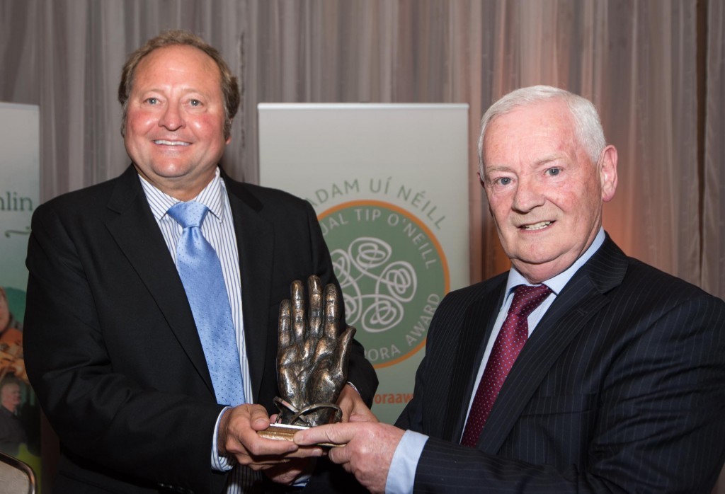 Governor Brian Scweitzer, Tip O'Neill Diaspora Award recipient receives the award from  Dinny McGinley TD is Minister of State for the Gaeltacht. Photo- Clive Wasson