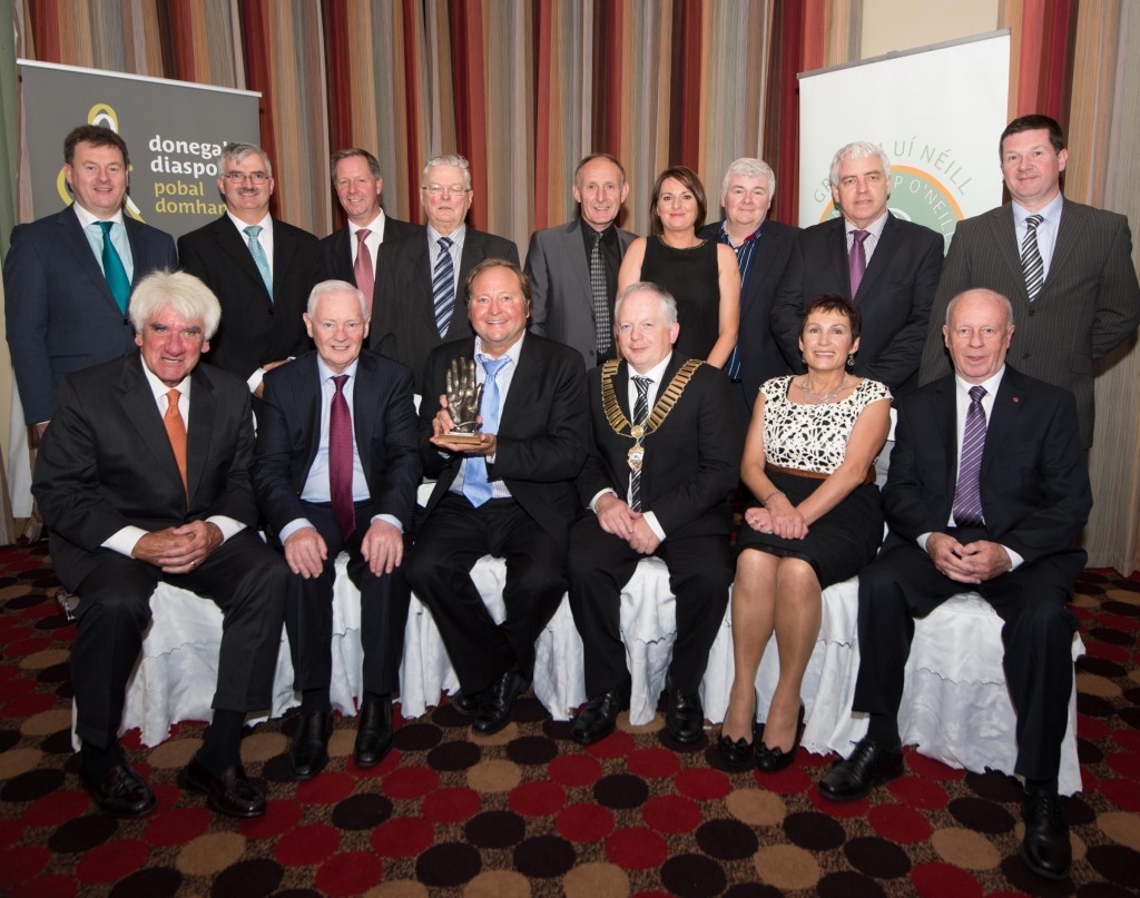 Tommy O'Neill, Dinny McGinley TD is Minister of State for the Gaeltacht, Governor Brian Scweitzer, Tip O'Neill Diaspora Award recipient, Peter McLaughlin, Caitlín Uí Chochláin and Loyola Hearn, Canadian Ambassador. Back from left are Seamus Neely, John McLaughlin, Michael Grant, Leonard Roarty, Kevin Doherty, Sarah Meehan, Nicholas Crossan Michael Heaney and Seamus Canning.  Photo Clive Wasson