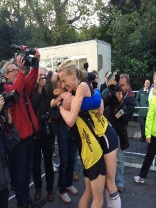 Maria McCambridge hugged by husband Gary Crossan at Dublin Marathon 2013.  Image Credit: @dublinmarathon