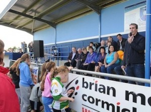 Jim McGuinness speaking at the official opening of the stand at the Milford GAA Club on Saturday evening.